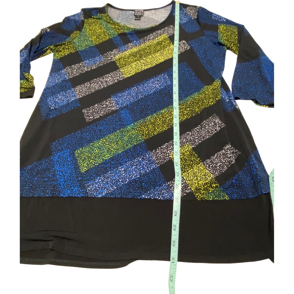 Clara Sunwoo Large Abstract Geometric Tunic Blue Green 3/4 Sleeve Stretch Top - Picture 6 of 6